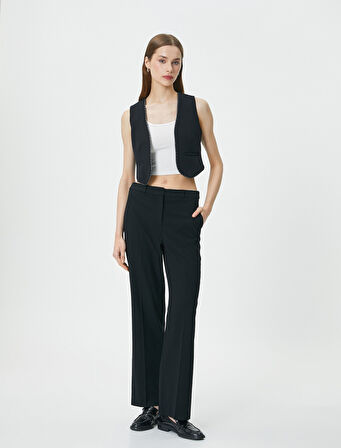 Crop Yelek Simli Şerit Detaylı Cepli