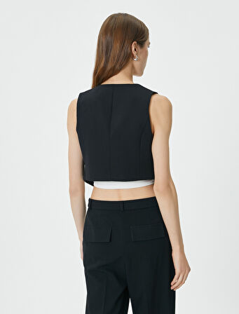 Crop Yelek Simli Şerit Detaylı Cepli