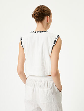 Crop Yelek Nakış Detaylı Pamuklu