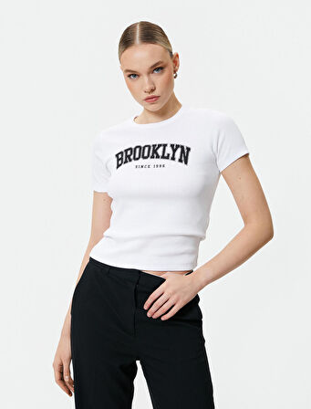 Brooklyn Baskılı Tişört Slim Fit Kısa Kollu Bisiklet Yaka Pamuklu