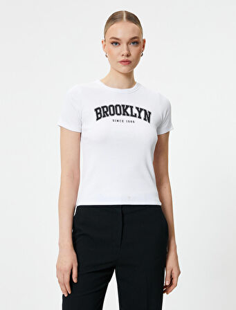 Brooklyn Baskılı Tişört Slim Fit Kısa Kollu Bisiklet Yaka Pamuklu