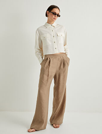 Crop Gömlek Keten Karışımlı Uzun Kollu Cepli Düğmeli