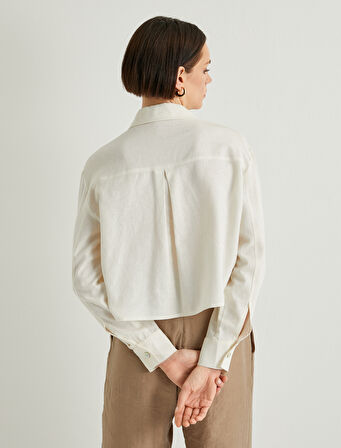 Crop Gömlek Keten Karışımlı Uzun Kollu Cepli Düğmeli