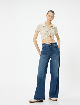 Crop Polo Yaka Tişört Önden Büzgülü Bağlamalı Dokulu