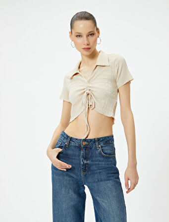 Crop Polo Yaka Tişört Önden Büzgülü Bağlamalı Dokulu