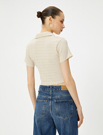 Crop Polo Yaka Tişört Önden Büzgülü Bağlamalı Dokulu