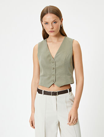 Crop Yelek V Yaka Düğmeli Fleto Cepli