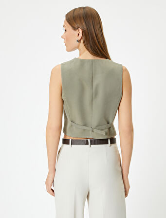 Crop Yelek V Yaka Düğmeli Fleto Cepli