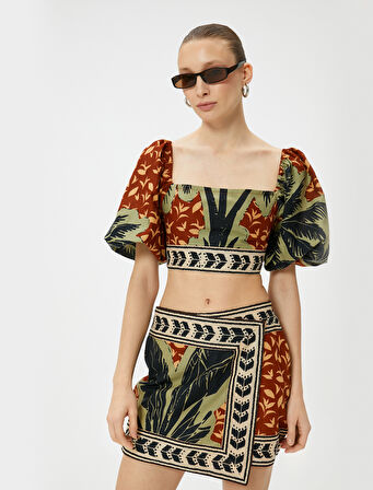 Crop Bluz Kare Yaka Tropikal Baskılı