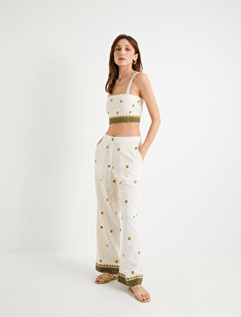 Çiçekli Crop Üst İşlemeli Askılı Slim Fit