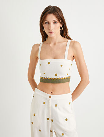 Çiçekli Crop Üst İşlemeli Askılı Slim Fit