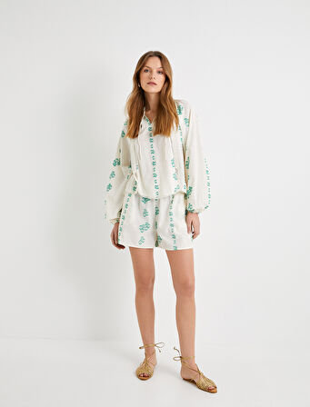 Mini Şort Beli Bağcıklı Çiçekli Cepli