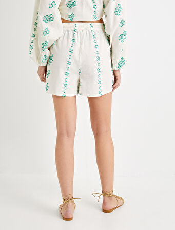 Mini Şort Beli Bağcıklı Çiçekli Cepli