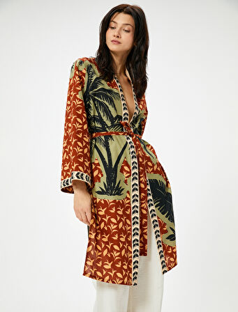 Uzun Kimono Beli Kuşaklı Desenli