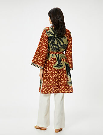 Uzun Kimono Beli Kuşaklı Desenli