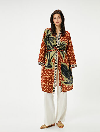 Uzun Kimono Beli Kuşaklı Desenli