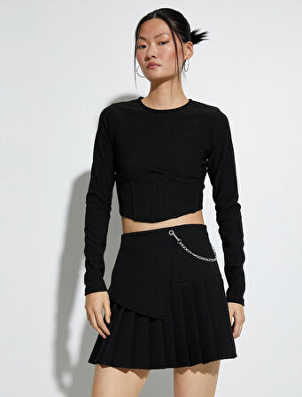 Pileli Mini Etek Zincir Detaylı Normal Bel