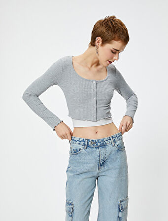 Uzun Kollu Crop Tişört Düğmeli Katlı Renk Kontrastlı Ribanalı U Yaka 