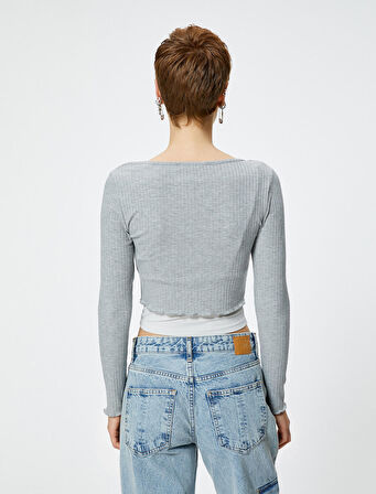 Uzun Kollu Crop Tişört Düğmeli Katlı Renk Kontrastlı Ribanalı U Yaka 