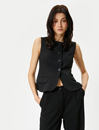Klasik Yelek Düğmeli Kapaklı Cepli Düğmeli