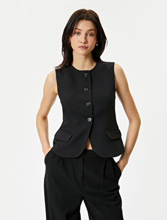 Klasik Yelek Düğmeli Kapaklı Cepli Düğmeli