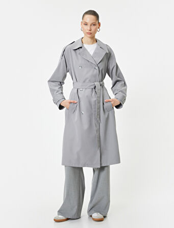 Trençkot Uzun Kruvaze Düğmeli Apolet Detaylı