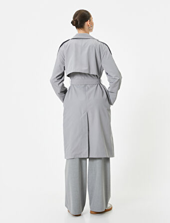 Trençkot Uzun Kruvaze Düğmeli Apolet Detaylı