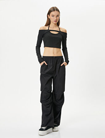 Kayık Yaka Crop Tişört Uzun Kollu Bağlama Detaylı 