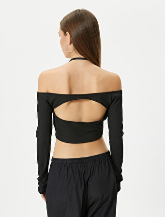 Kayık Yaka Crop Tişört Uzun Kollu Bağlama Detaylı 