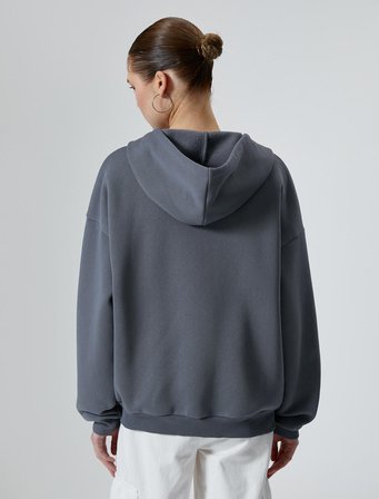 Fermuarlı Kapşonlu Oversize Sweatshirt  Yıldız Aplike Detaylı Cepli Uzun Kollu