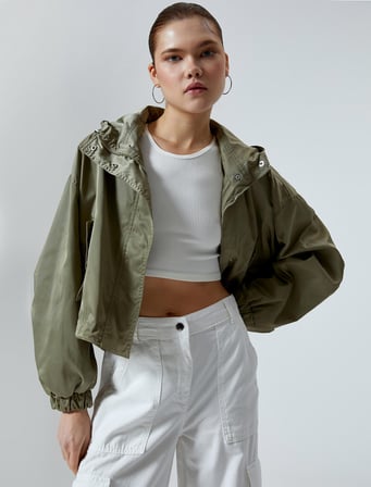 Oversize Bomber Ceket Kapüşonlu Cepli Fermuarlı