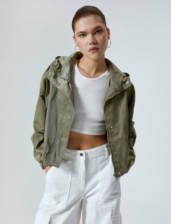 Oversize Bomber Ceket Kapüşonlu Cepli Fermuarlı