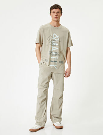 Slogan Baskılı Tişört Bisiklet Yaka Kısa Kollu Pamuklu