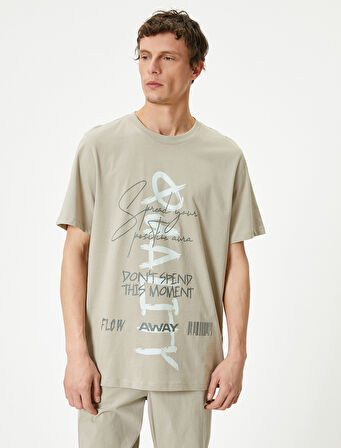 Slogan Baskılı Tişört Bisiklet Yaka Kısa Kollu Pamuklu