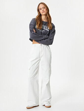 Crop Sweatshirt Baskılı Uzun Kollu Pamuklu