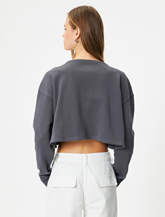Crop Sweatshirt Baskılı Uzun Kollu Pamuklu