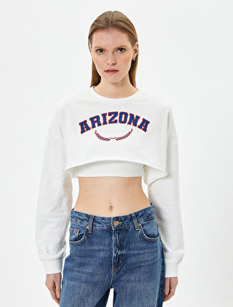 Crop Sweatshirt Baskılı Bisiklet Yaka Uzun Kollu