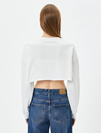 Crop Sweatshirt Baskılı Bisiklet Yaka Uzun Kollu