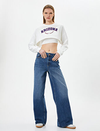 Crop Sweatshirt Baskılı Bisiklet Yaka Uzun Kollu