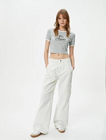 Crop Baskılı Tişört Kısa Kollu Fitilli