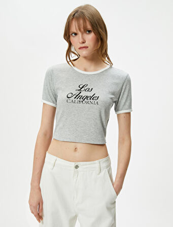 Crop Baskılı Tişört Kısa Kollu Fitilli