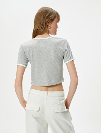 Crop Baskılı Tişört Kısa Kollu Fitilli