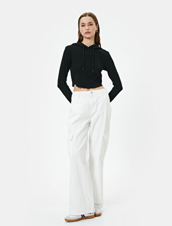 Kapüşonlu Tişört Baskılı Crop Uzun Kollu