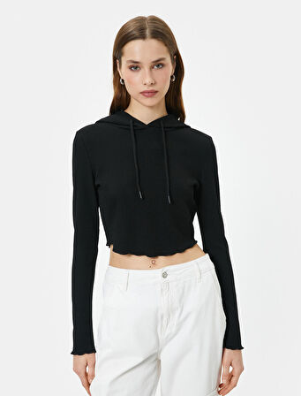 Kapüşonlu Tişört Baskılı Crop Uzun Kollu