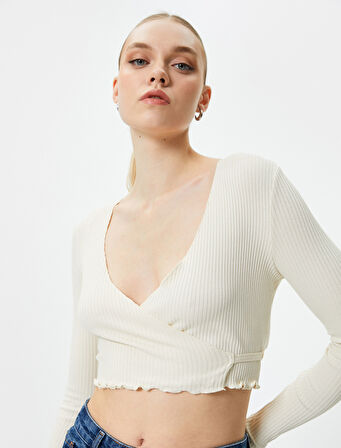 Kruvaze Crop Bluz Bağlamalı V Yaka Uzun Kollu Ribanalı