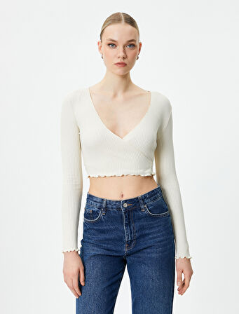 Kruvaze Crop Bluz Bağlamalı V Yaka Uzun Kollu Ribanalı