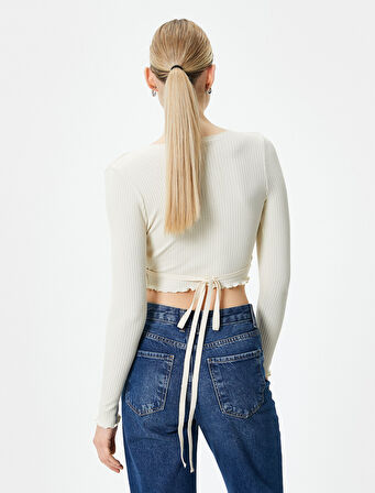 Kruvaze Crop Bluz Bağlamalı V Yaka Uzun Kollu Ribanalı