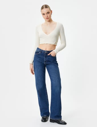 Kruvaze Crop Bluz Bağlamalı V Yaka Uzun Kollu Ribanalı