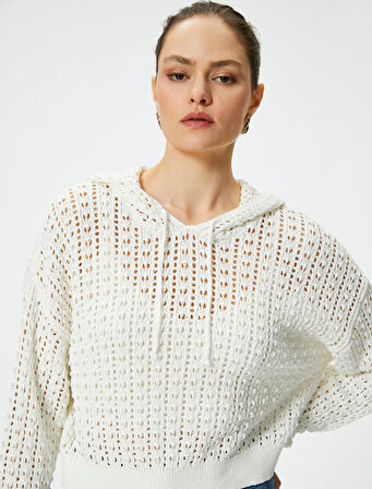 Crop Ajurlu Kazak Kapüşonlu Uzun Kollu