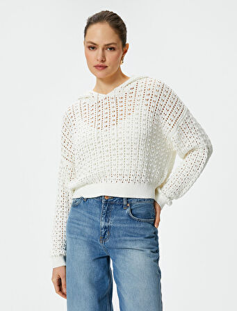 Crop Ajurlu Kazak Kapüşonlu Uzun Kollu